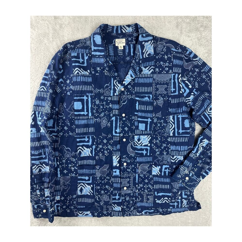 J.Crew Blue Indigo-dyed Indian Madras Patchwork Camp Loop Collar Shirt Men's XL - Picture 2 of 11